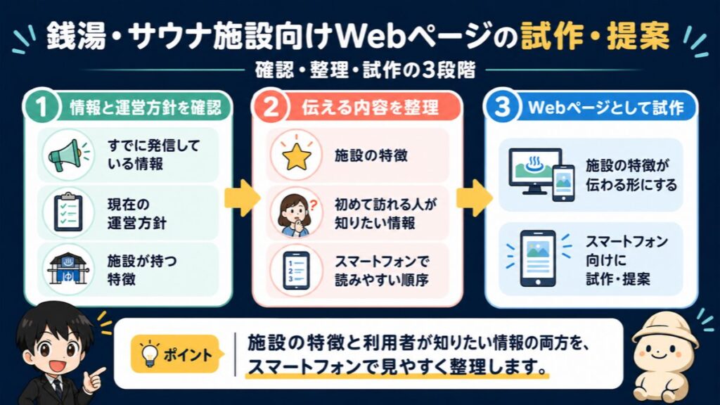 銭湯・サウナ施設向けWebページの試作・提案を、情報確認・内容整理・試作の3段階で示した図解